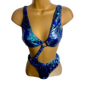 Dolls Kill | Club Exx | Sick Hypnotic Cut Out Bodysuit Black/Purple Holographic